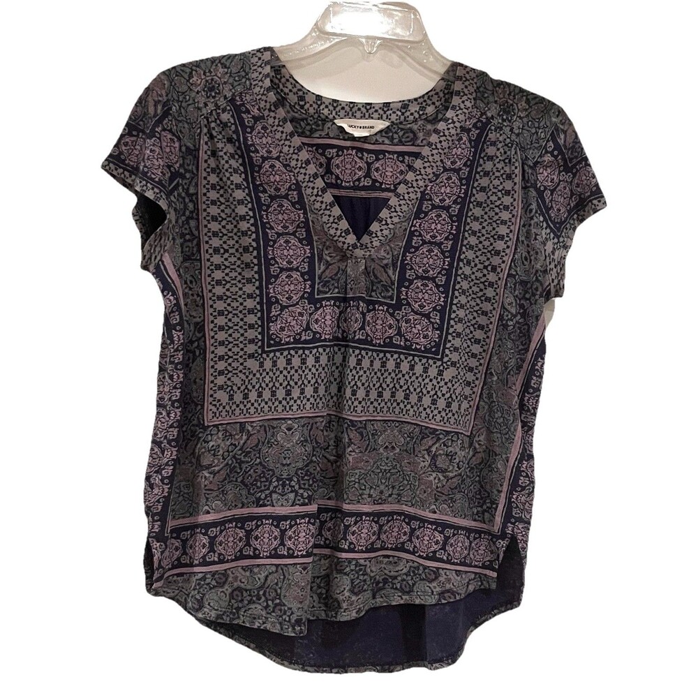 Lucky Brand Women Blouse Navy Pink Cotton Linen Paisley Bohemian V-Neck Sz S